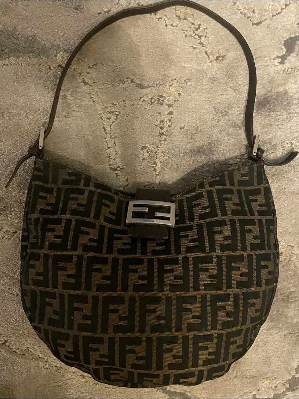 Fendi Zucca FF Logo Bucket Hobo Shoulder Bag in Brown and Black